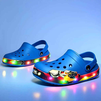 Turbo LED kids clogs, close-up of design detail and material