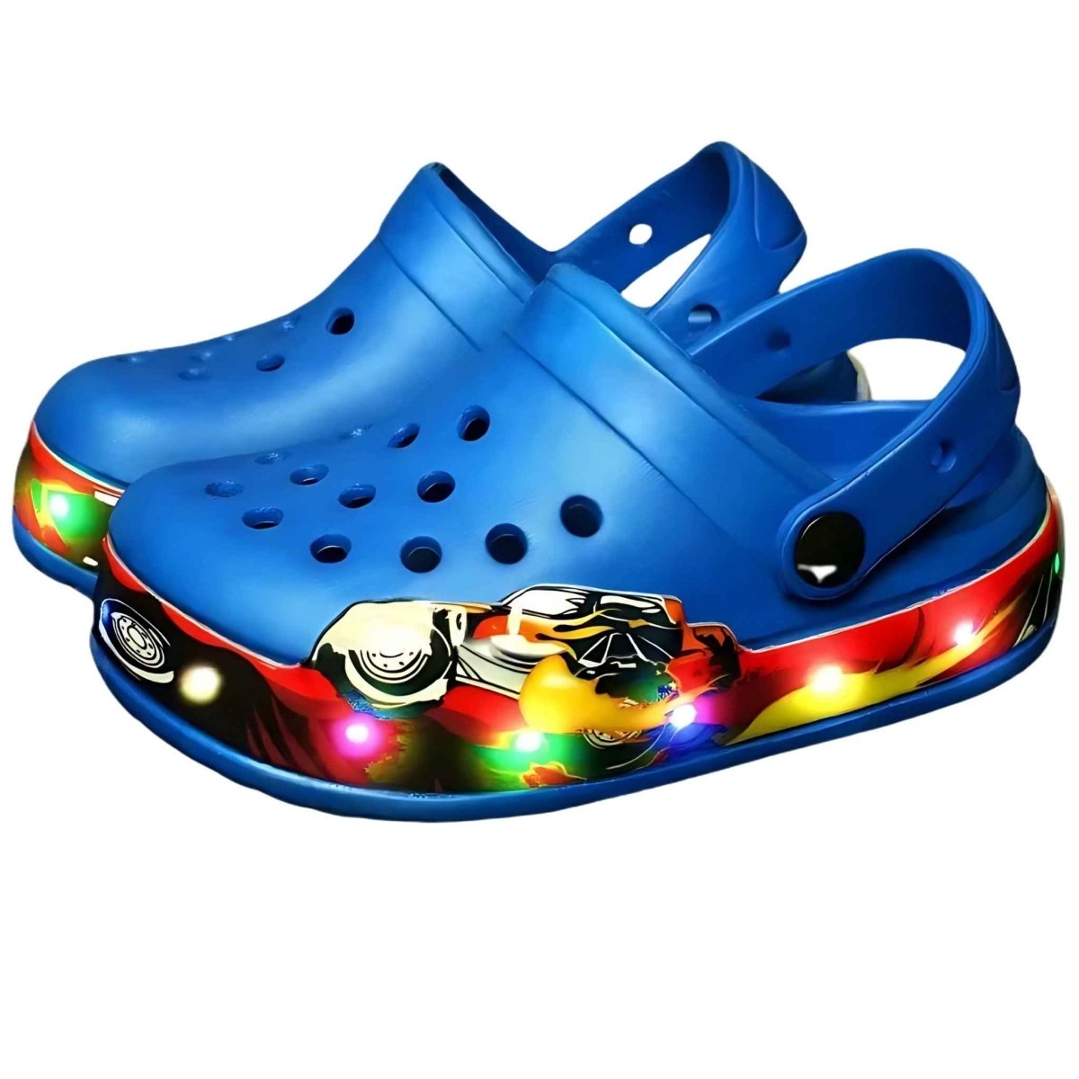 Turbo LED kids clogs, front view showing full design