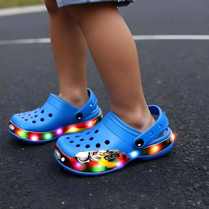 Turbo LED kids clogs, angled view showing colour and shape