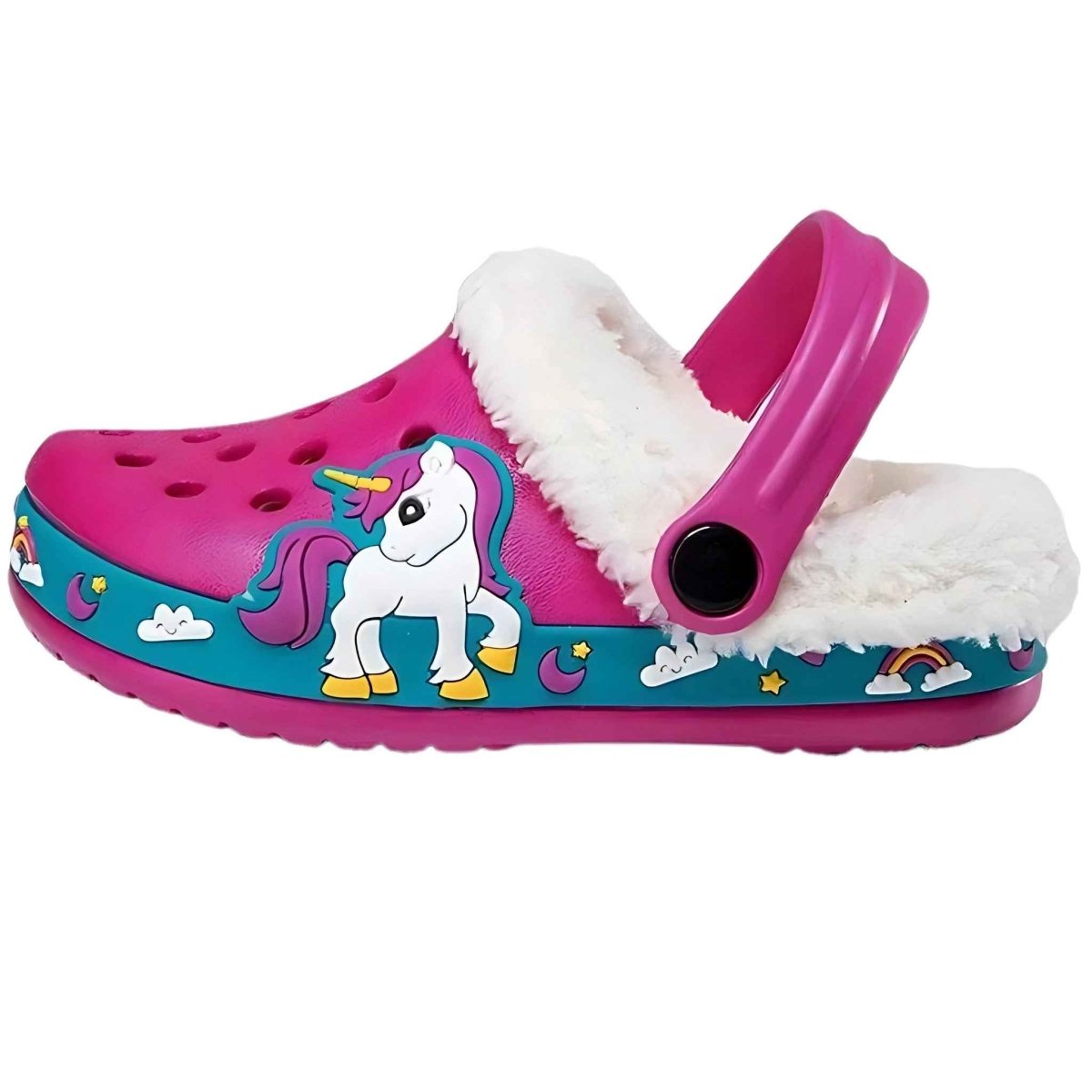 Unicorn warm kids clog slippers, front view showing full design