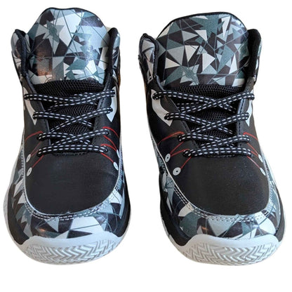 Urban high-top kids sneakers, top-down view showing closure and fit
